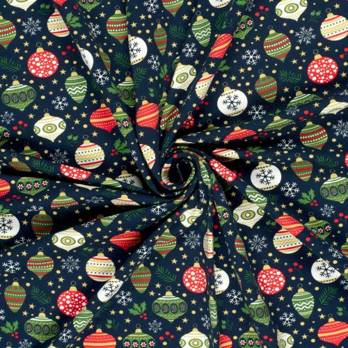 Tissu French Terry boules de noël fond bleu marine Tissu French Terry boules de noël fond bleu marine