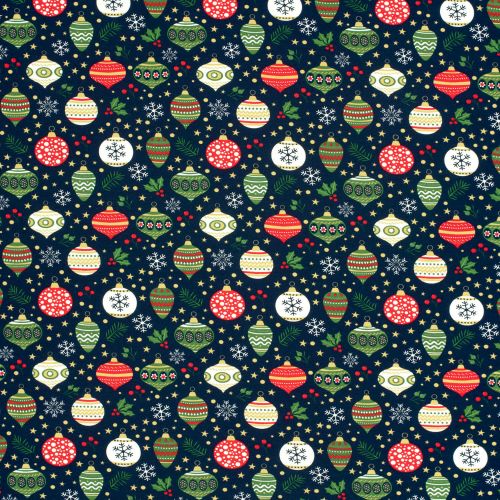 Tissu French Terry boules de noël fond bleu marine Tissu French Terry boules de noël fond bleu marine