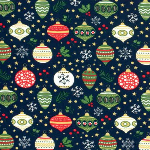 Tissu French Terry boules de noël fond bleu marine Tissu French Terry boules de noël fond bleu marine
