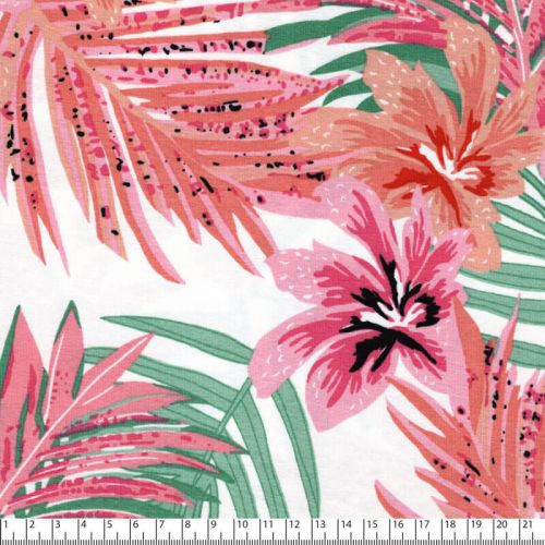 Tissu jersey viscose motif tropical rose fond blanc Tissu jersey viscose motif tropical rose fond blanc