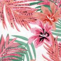 Tissu jersey viscose motif tropical rose fond blanc
