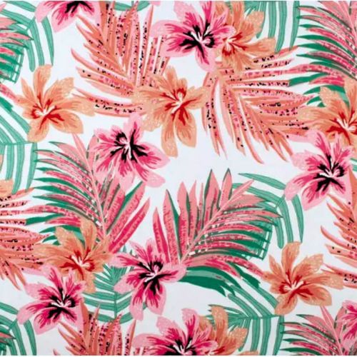 Tissu jersey viscose motif tropical rose fond blanc Tissu jersey viscose motif tropical rose fond blanc