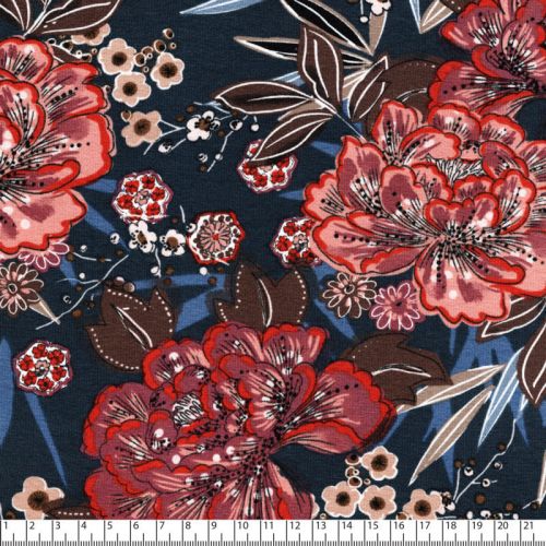 Tissu jersey viscose grosses fleurs orangées fond marine Tissu jersey viscose grosses fleurs orangées fond marine