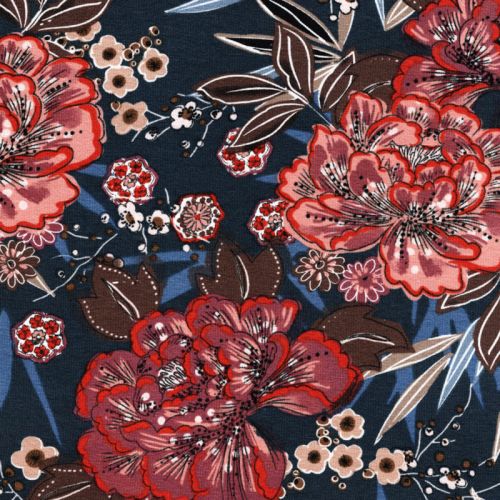 Tissu jersey viscose grosses fleurs orangées fond marine Tissu jersey viscose grosses fleurs orangées fond marine